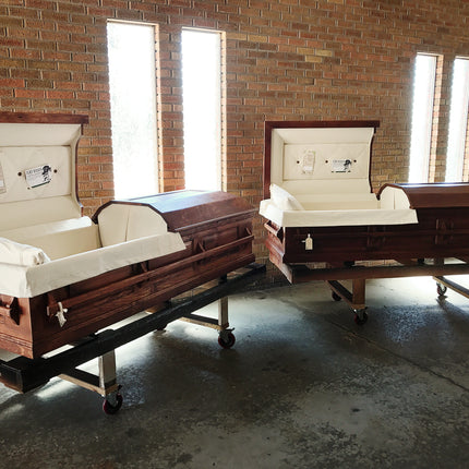 Pair of pine caskets custom built for the Yellowstone series by Kevin Costner.